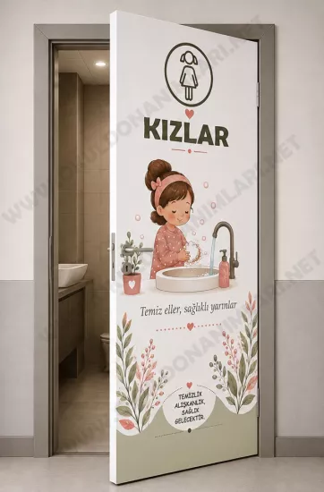 El Yıkama Temalı Okul Tuvalet Kapı Giydirme