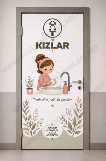 El Yıkama Temalı Okul Tuvalet Kapı Giydirme
